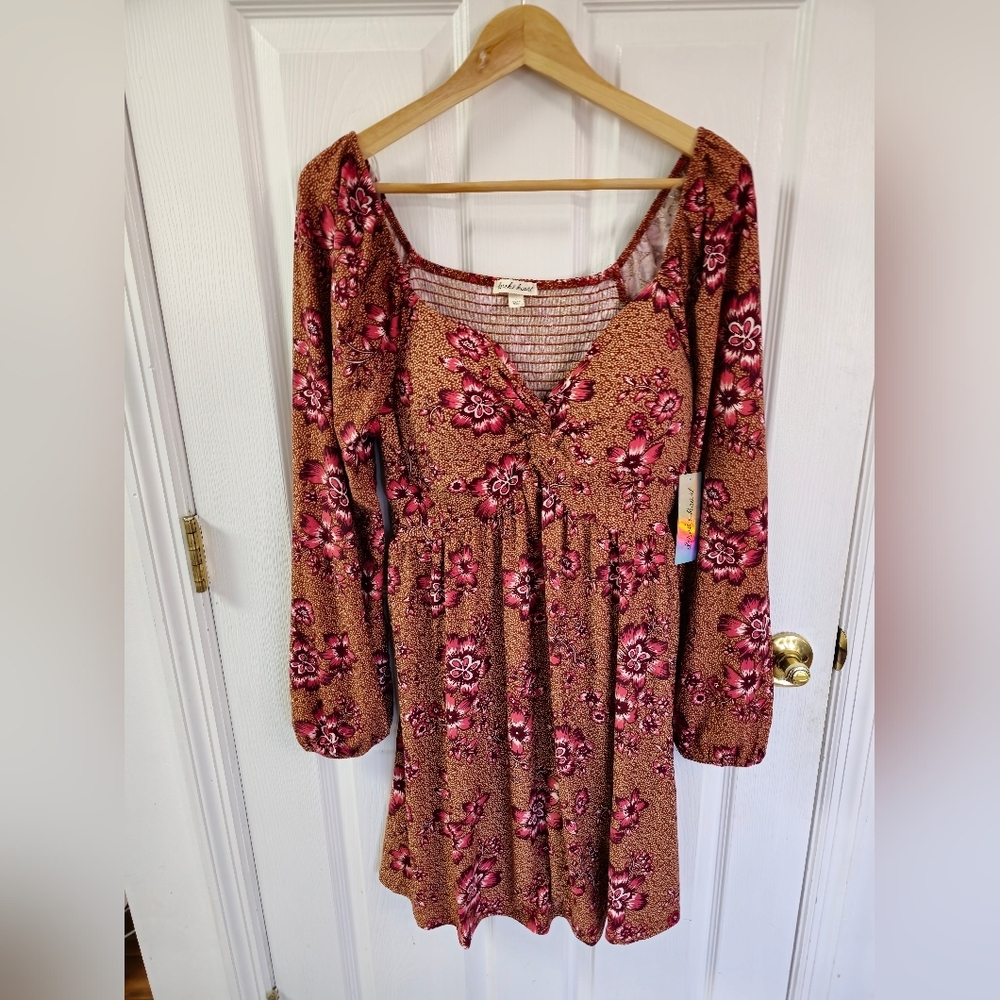 NWT Derek Heart Floral Dress Red Brown Size XL